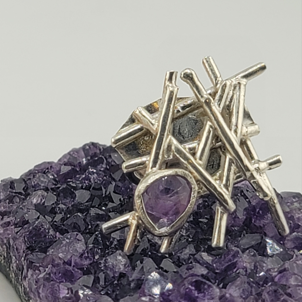 AMETHYST ABSTRACT RING HANDMADE IN STERLING SILVER METAL SIZE 8 - Picture 6 of 7